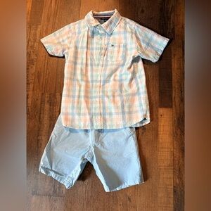 Tommy Hilfiger Boys' Short Sleeve Plaid Button-Down in Light Blue & Peach